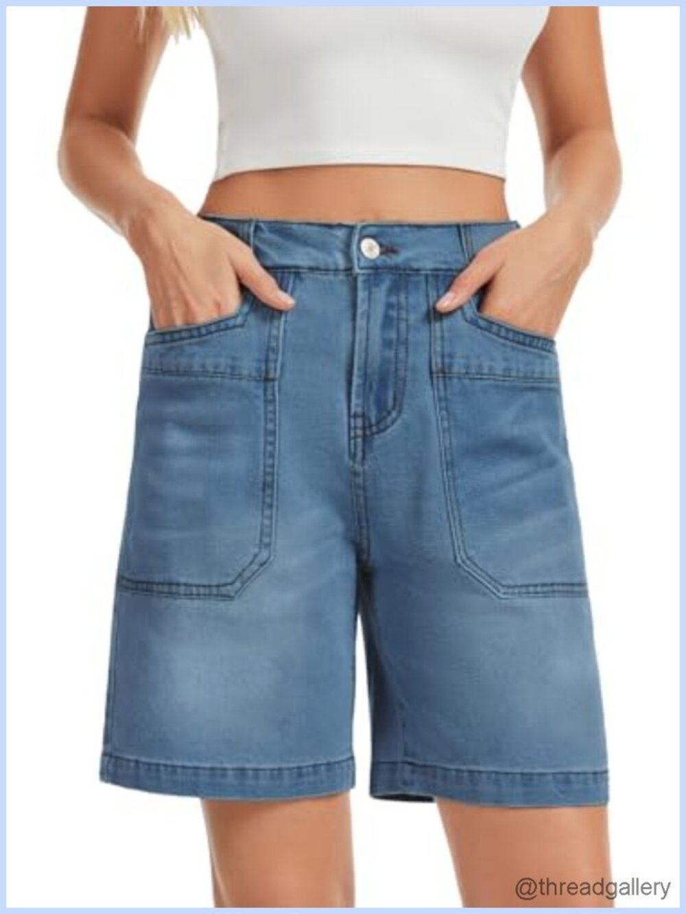 High Waisted Wide Leg Bermuda Jean Shorts with Pockets Stretch Denim
